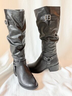 8.5 Mid-Calf riding slouch Boots - western motto biker-chic classic black almond